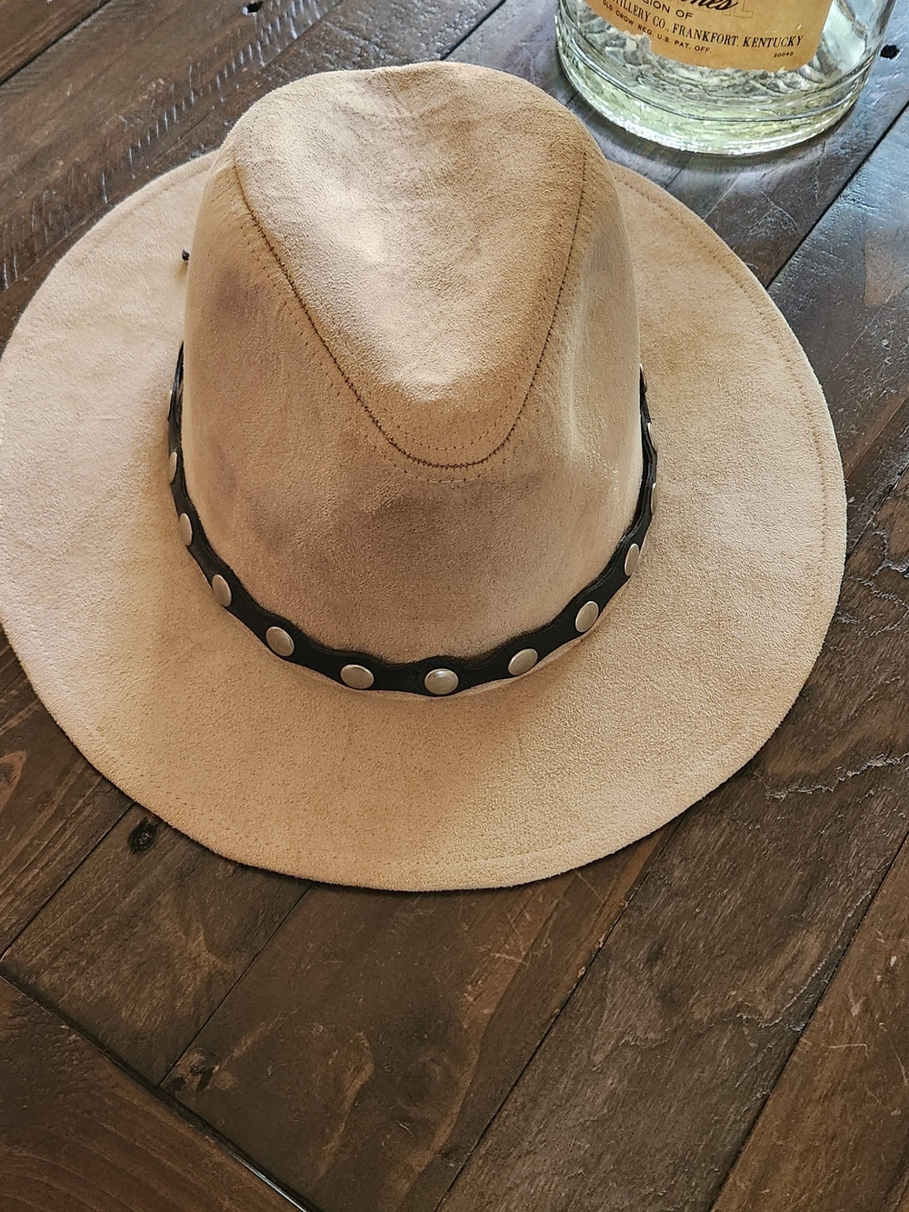 Tan Suede Hat. Wide-Brim Fedora Hat, with Studded, Brown Band. (8"L. x 6 3/4").